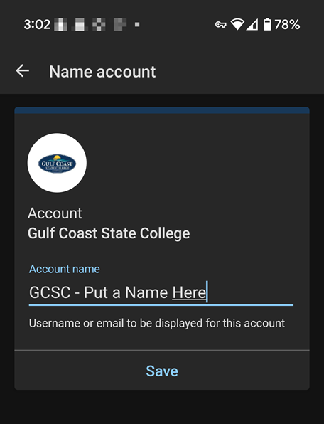 Name account screen
