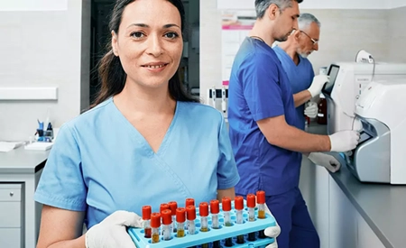 Woman holding tubes of blood